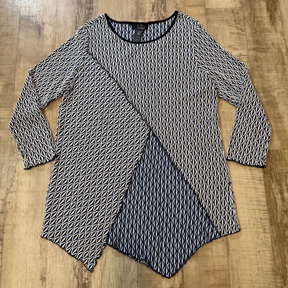 Ali Miles Textured Tunic Top Blouse L 3/4 Sleeve Scoop Lagenlook Asymmetric Hem